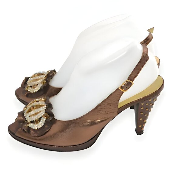 Luxury Louis David Metallic Copper Brown Leather Swarovski Crystal Heels 38 7.5 - Picture 3 of 13